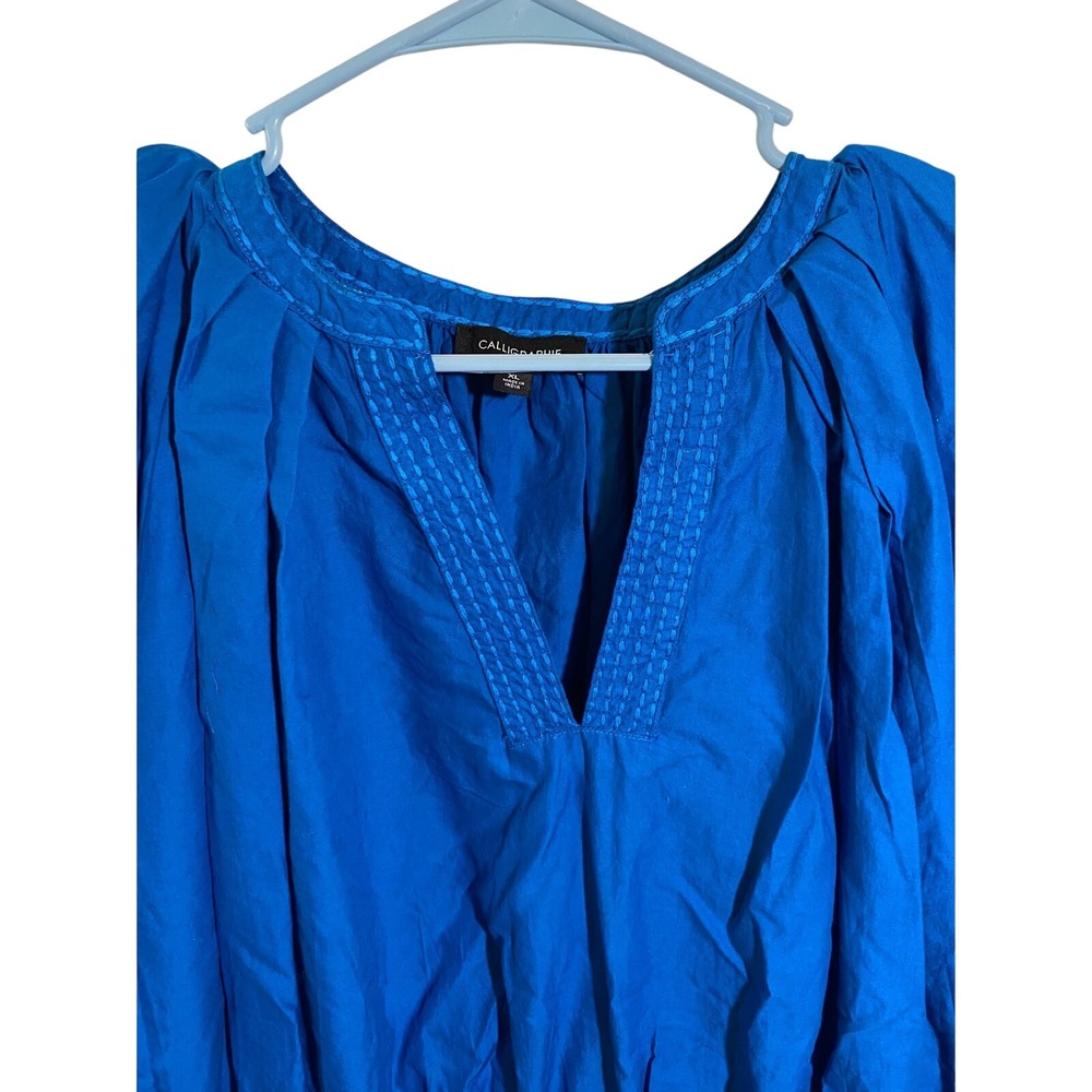 Calligraphie Womens Blue Puff Sleeve Smocked Peplum Blouse XL NWT - Picture 2 of 7